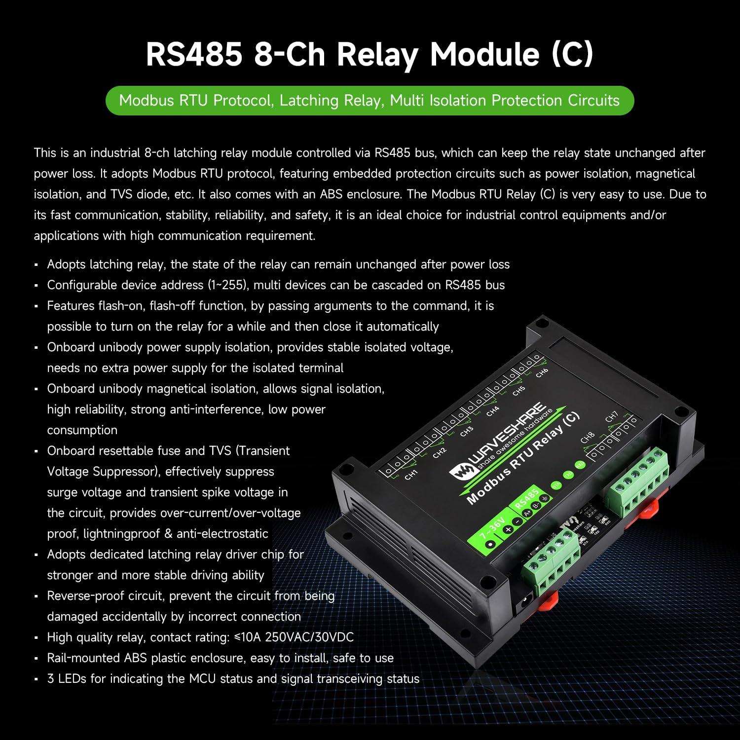 Módulo Relé Latching 8 Canales Waveshare Modbus RTU RS485