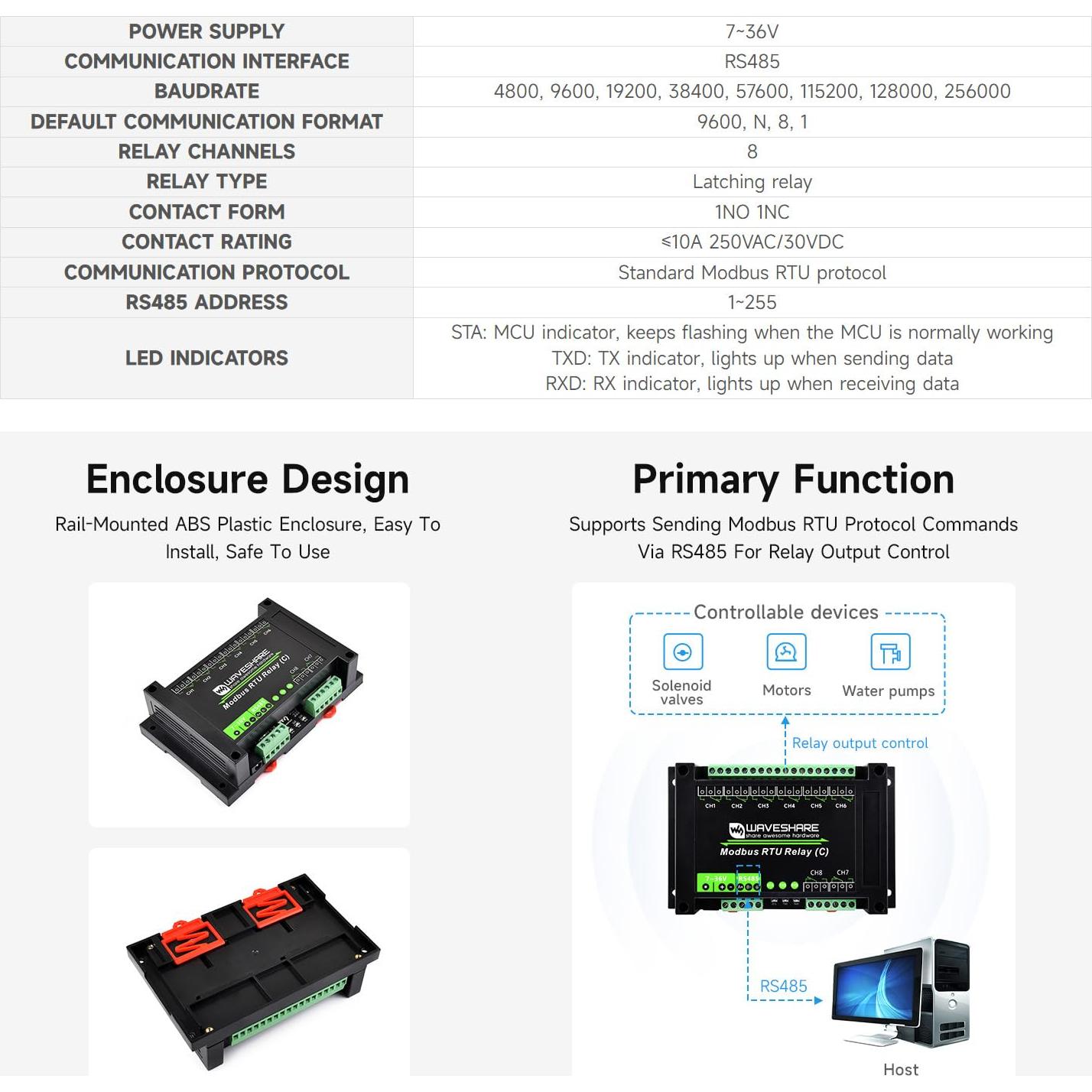 Módulo Relé Latching 8 Canales Waveshare Modbus RTU RS485