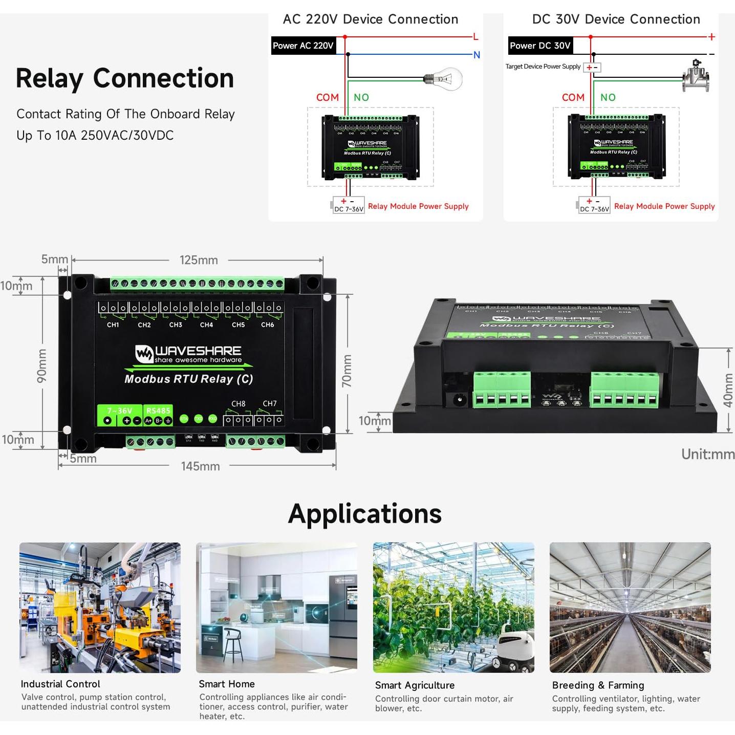 Módulo Relé Latching 8 Canales Waveshare Modbus RTU RS485
