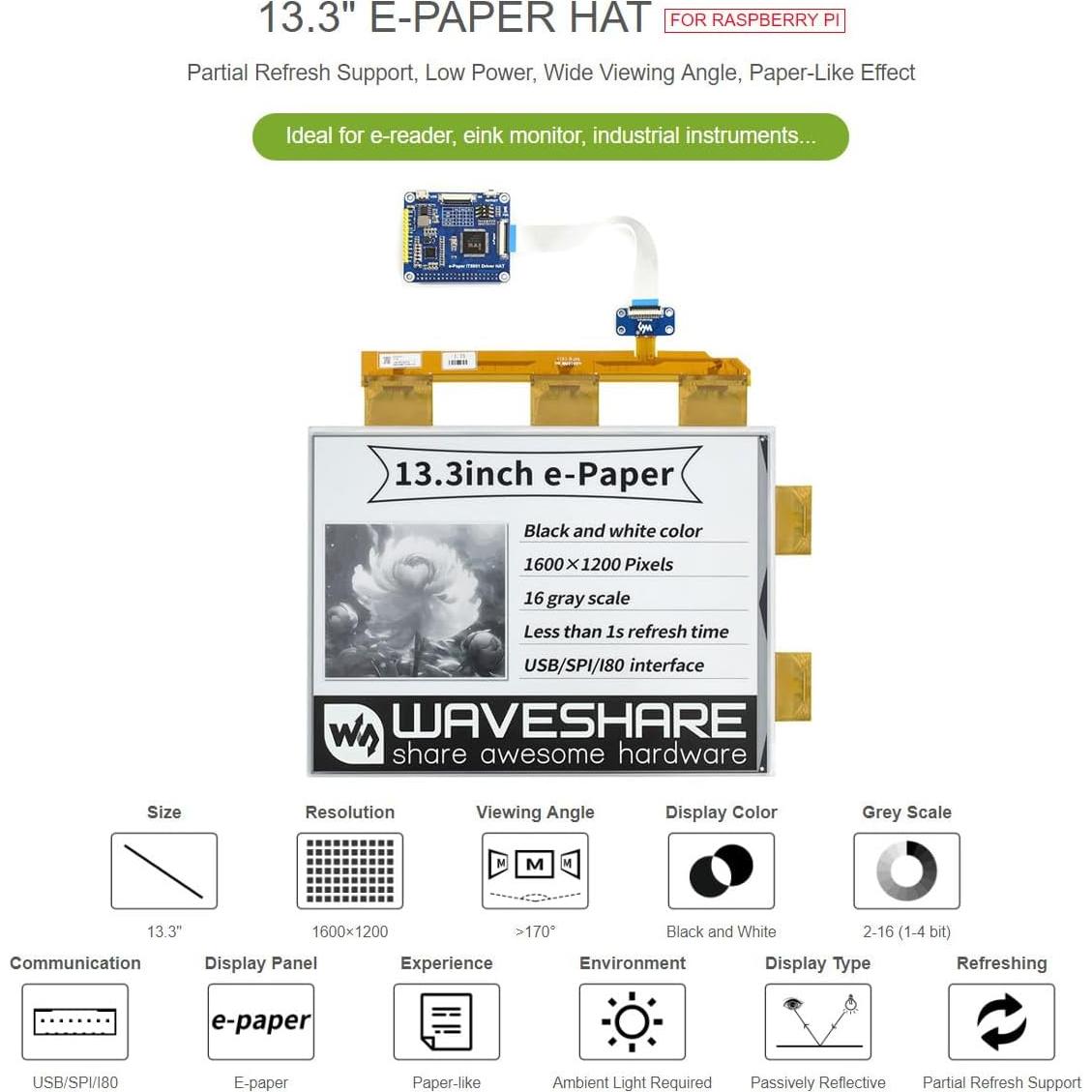 Pantalla E-Paper 13.3" Waveshare 1600x1200 USB/SPI para Raspberry Pi