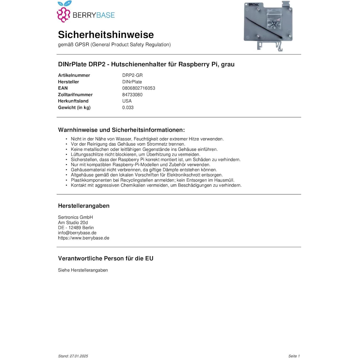 Soporte para riel DIN DINrPlate para Raspberry Pi 2/3/4/5