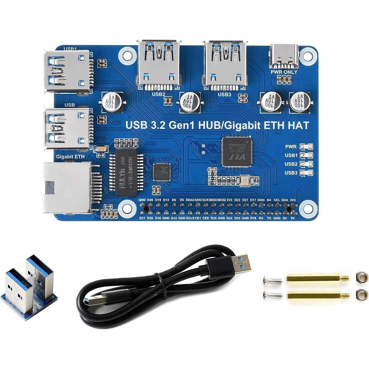 HUB HAT USB 3.2 Gen1 y Ethernet Gigabit Waveshare para Raspberry Pi