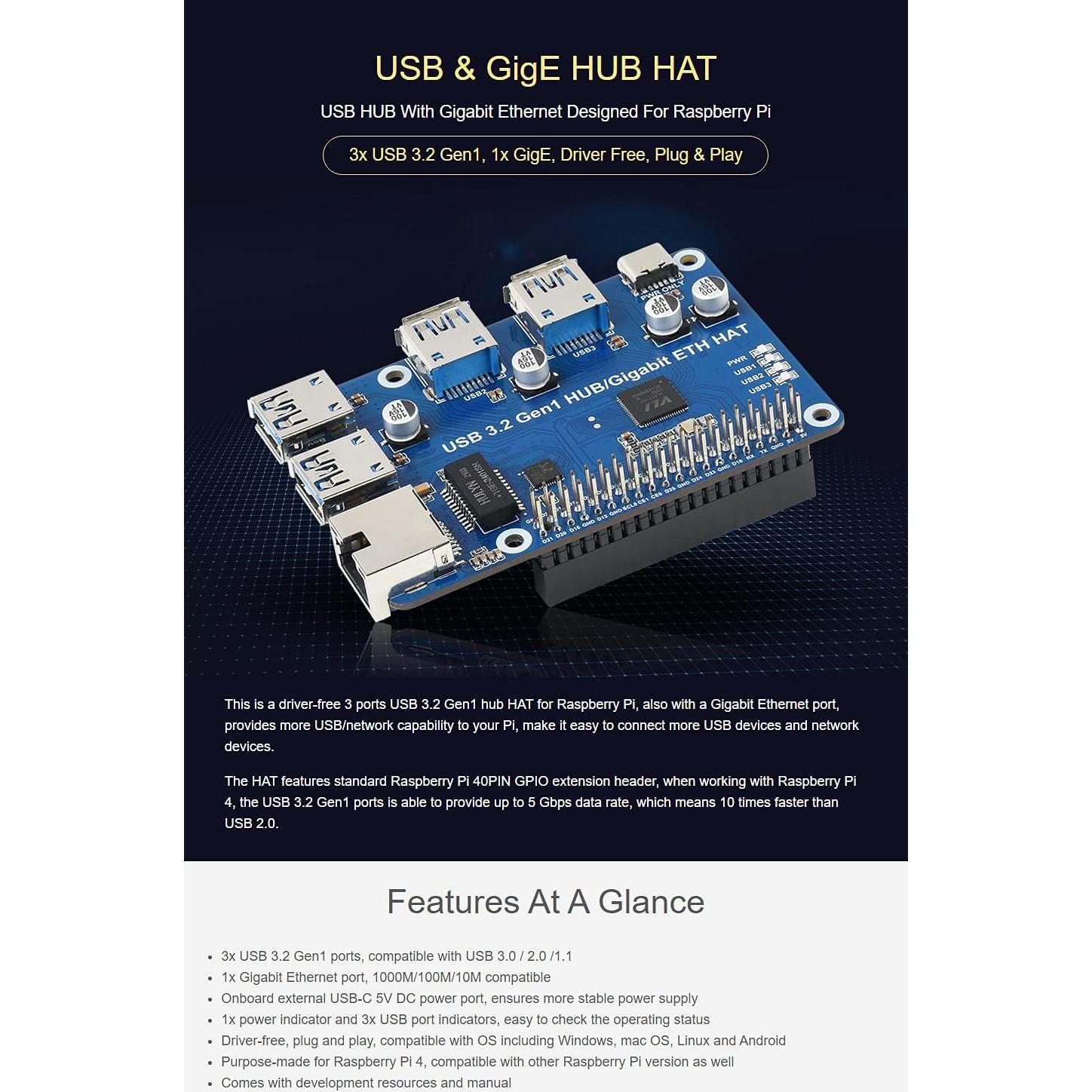 HUB HAT USB 3.2 Gen1 y Ethernet Gigabit Waveshare para Raspberry Pi