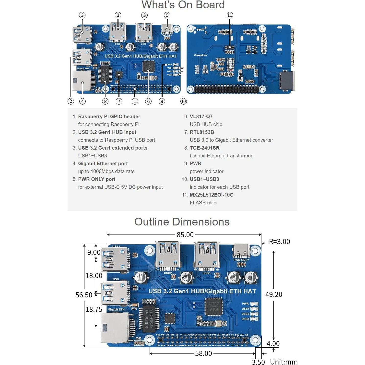 HUB HAT USB 3.2 Gen1 y Ethernet Gigabit Waveshare para Raspberry Pi