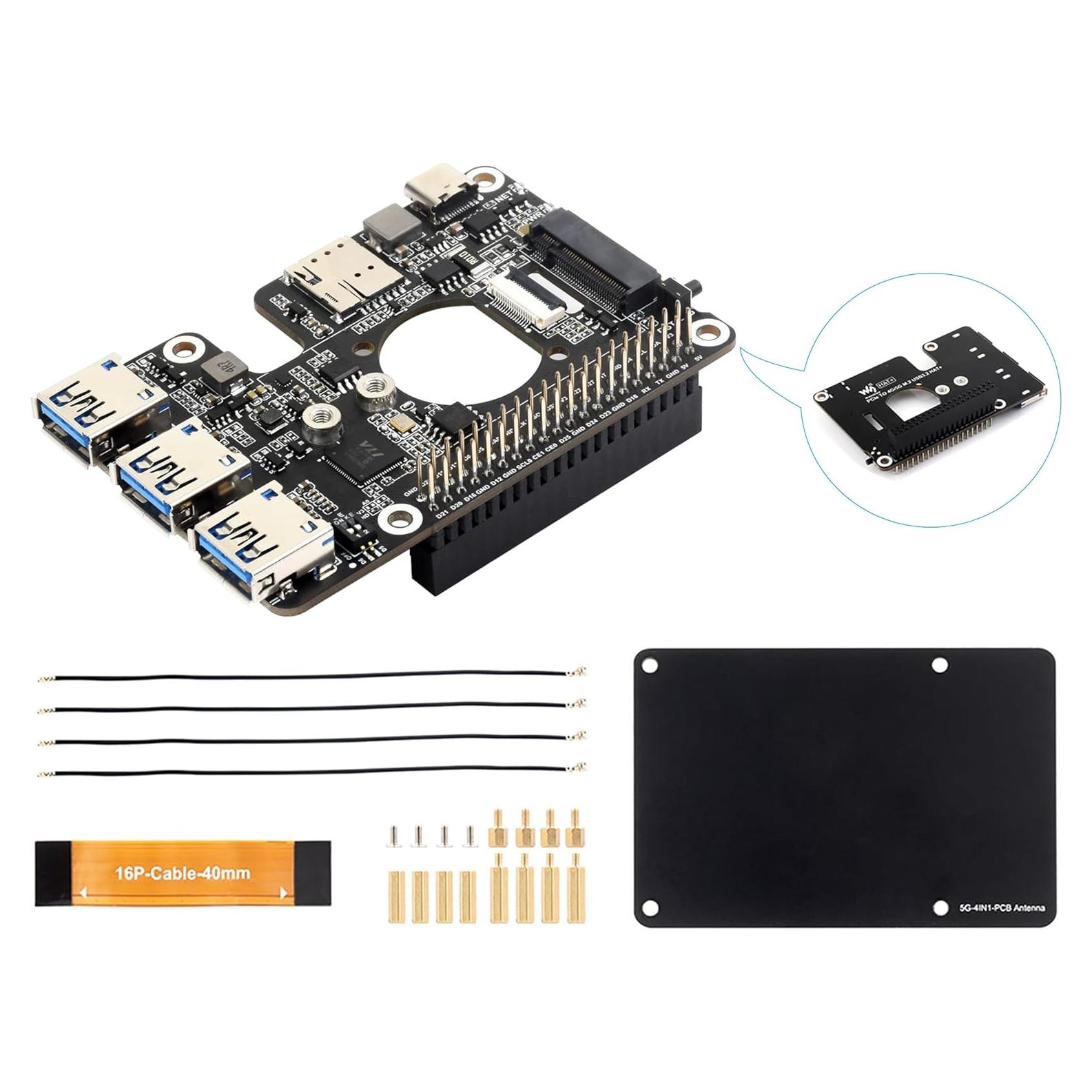 Adaptador PCIe a M.2 4G/5G y USB 3.2 HAT+ UeeKKoo para Raspberry Pi 5