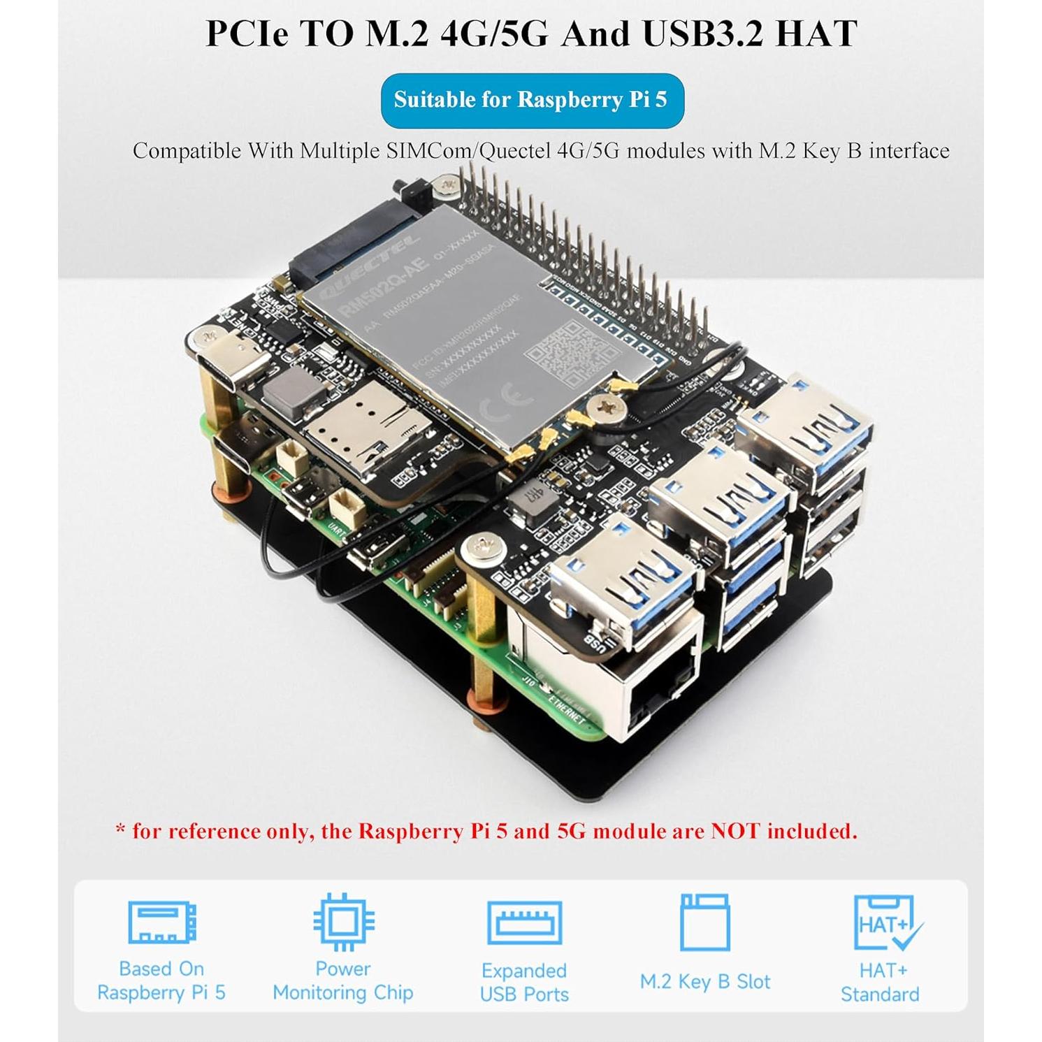 Adaptador PCIe a M.2 4G/5G y USB 3.2 HAT+ UeeKKoo para Raspberry Pi 5