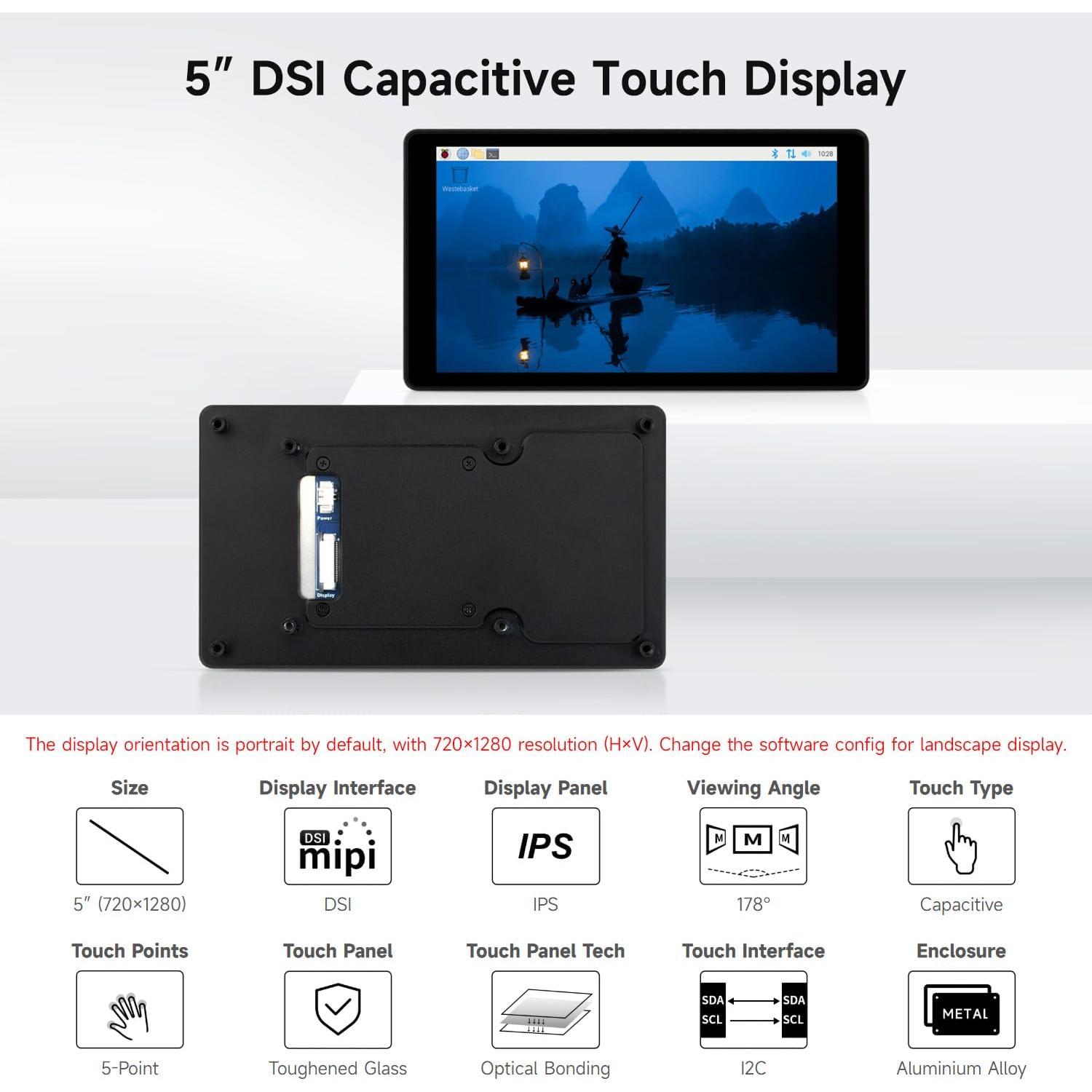 Pantalla Táctil DSI 5" Waveshare para Raspberry Pi 5/4B/3B+/3A+