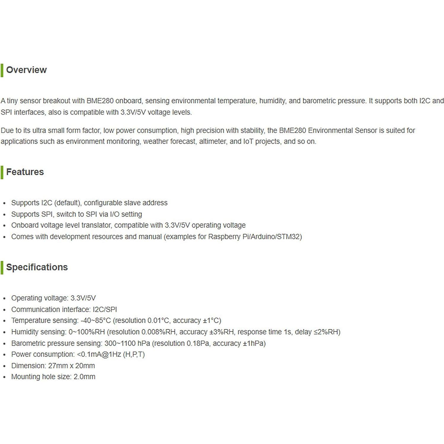 Sensor Ambiental BME280 iiunius I2C/SPI 3.3V/5V Temperatura Humedad Presión