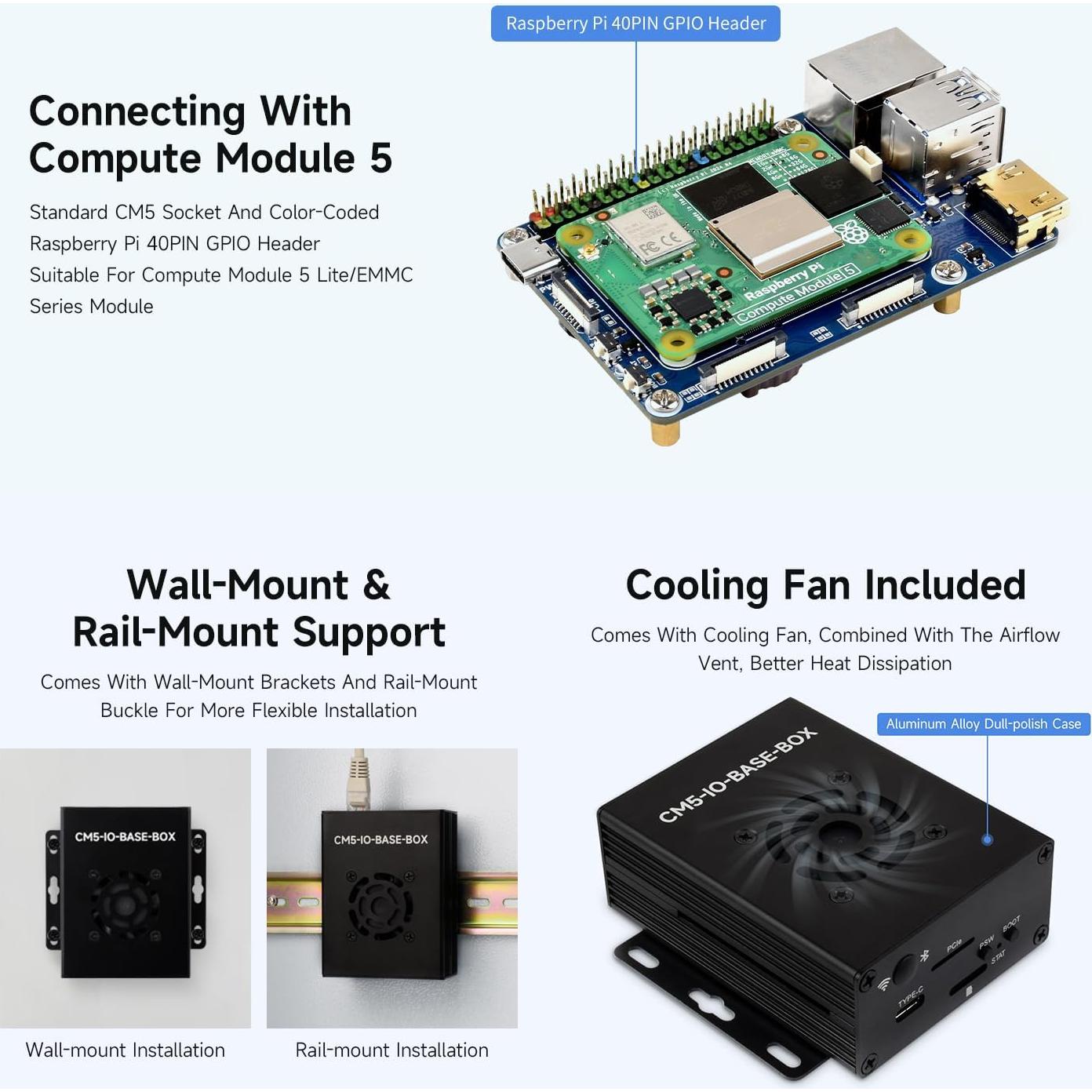 Placa Base Mini Waveshare CM5 con Caja Metal y Fuente 5V 5A