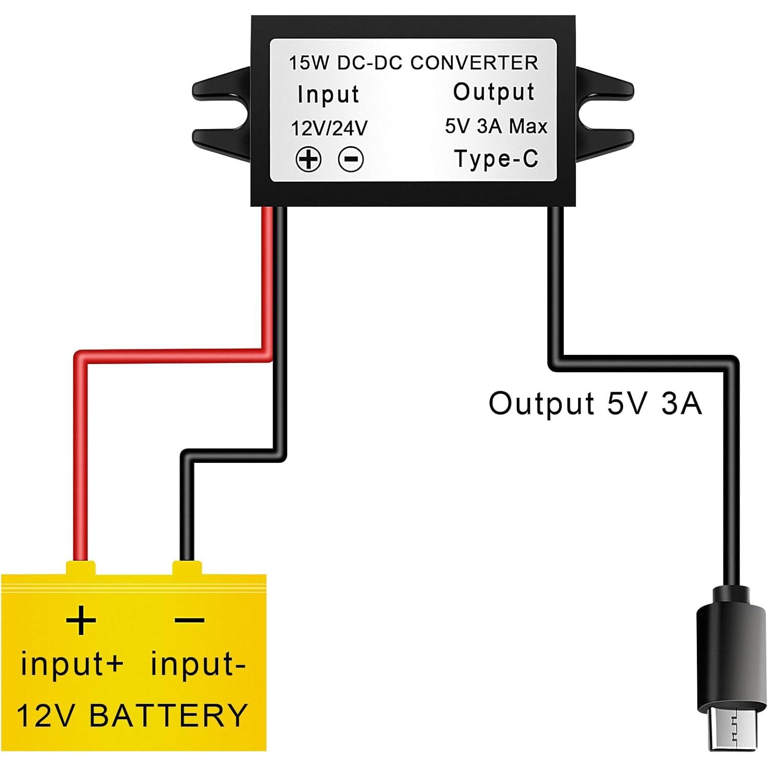 Convertidor Buck 12V/24V a 5V 3A USB Tipo-C Petutu