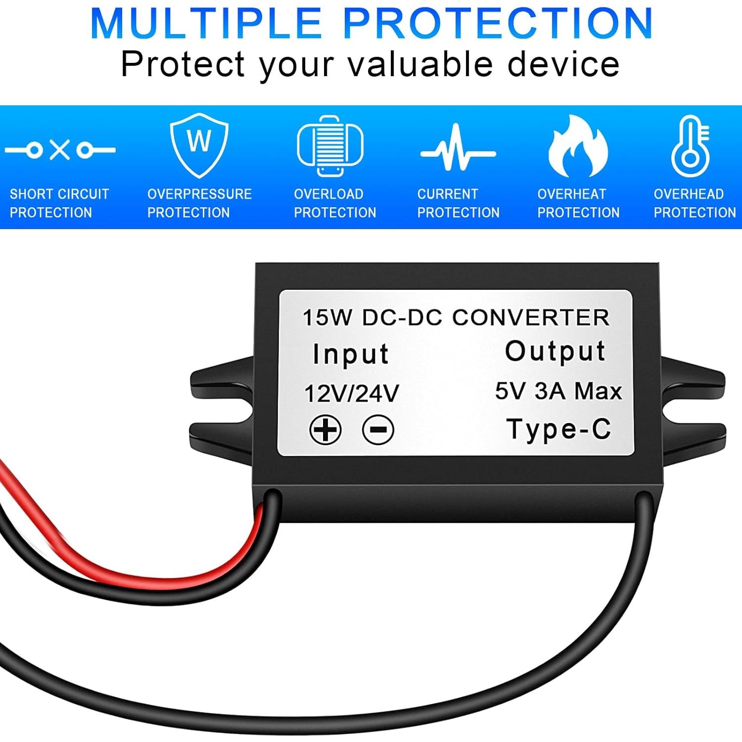 Convertidor Buck 12V/24V a 5V 3A USB Tipo-C Petutu