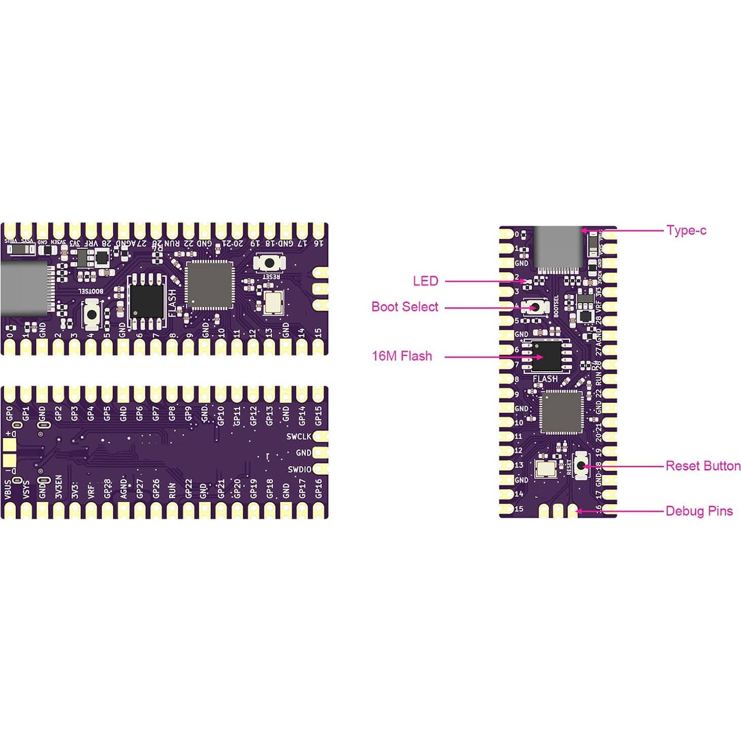 Placa Microcontrolador RasPi Pico RP2040 16MB USB C