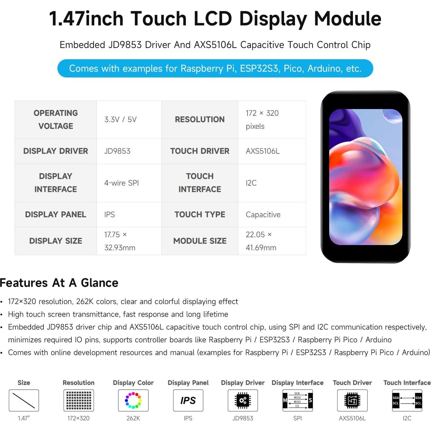 Módulo Pantalla LCD Táctil 1.47" Waveshare 172x320 SPI I2C