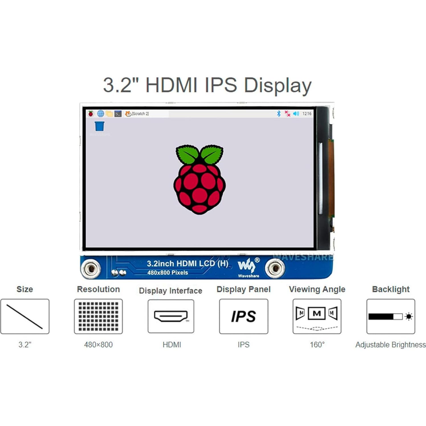 Pantalla LCD IPS 3.2" Waveshare 480x800 para Raspberry Pi y PC