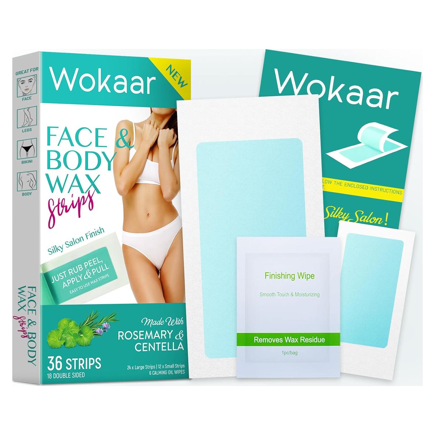 Kit de Tiras de Cera Corporal Wokaar - 24 Tiras Grandes y 12 Faciales