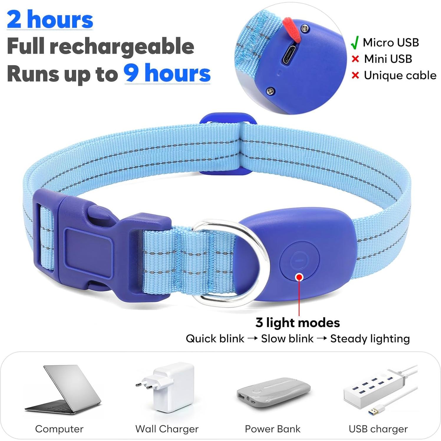 Collar LED Recargable PZRLit para Perros Pequeños Azul