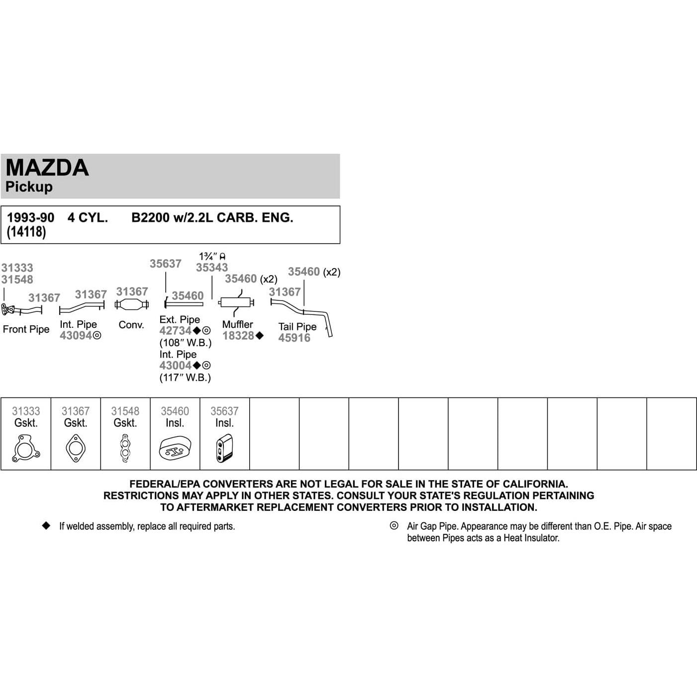 Tubo de escape Walker 43094 para Mazda B2000/B2200 1986-1993