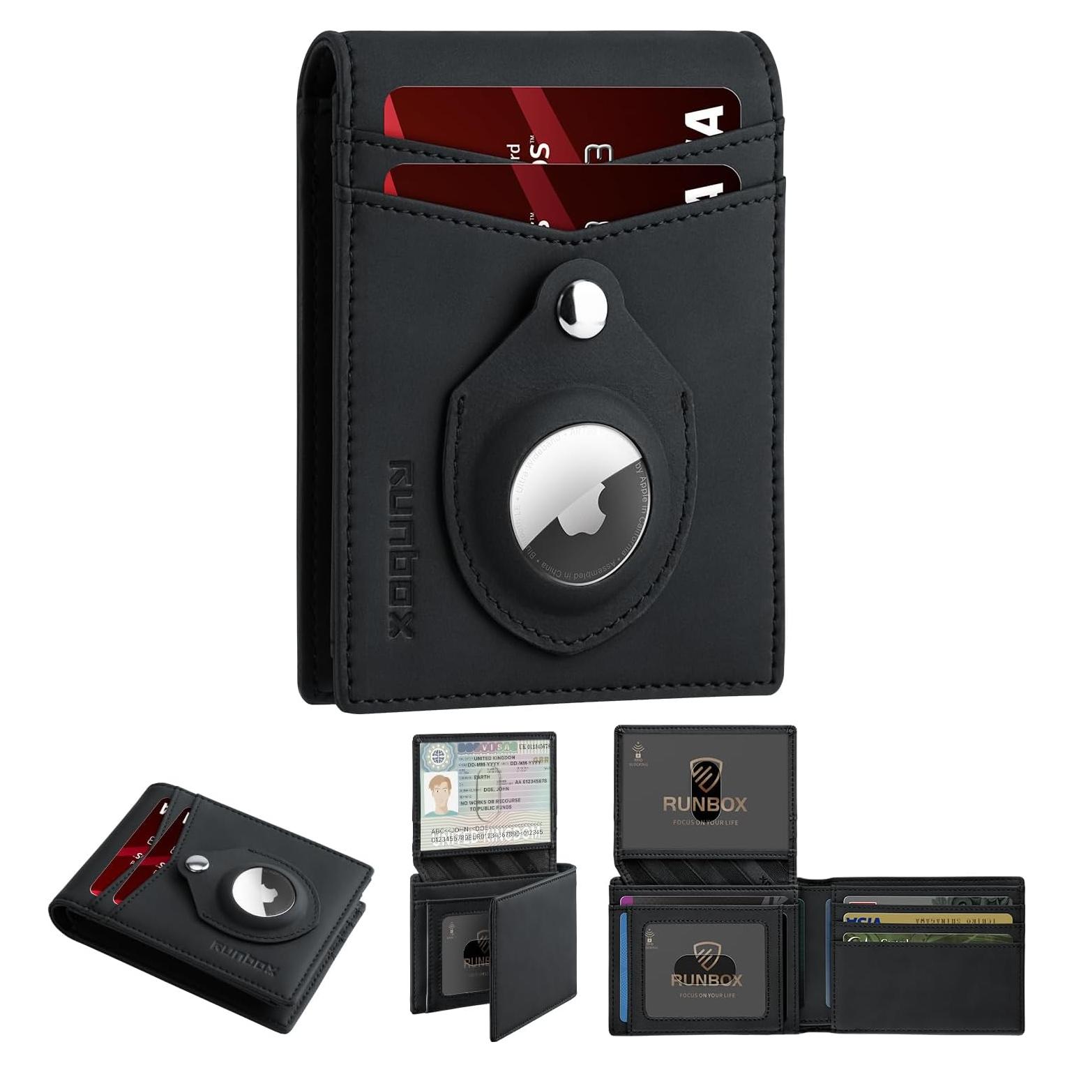 Cartera RUNBOX Airtag delgada de cuero RFID para hombres