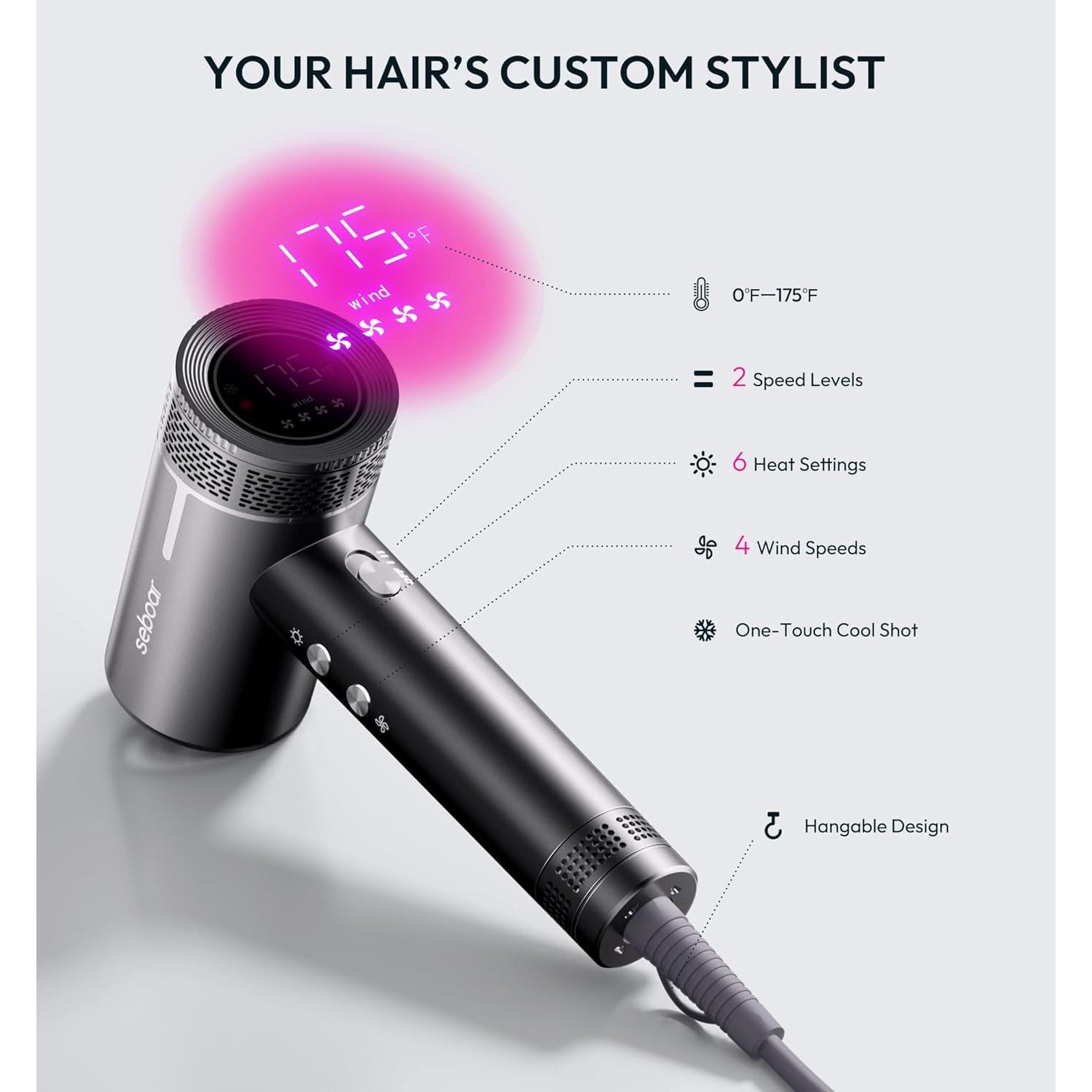 Secador de Pelo Iónico Seboar 1500W con Difusor y Pantalla LCD