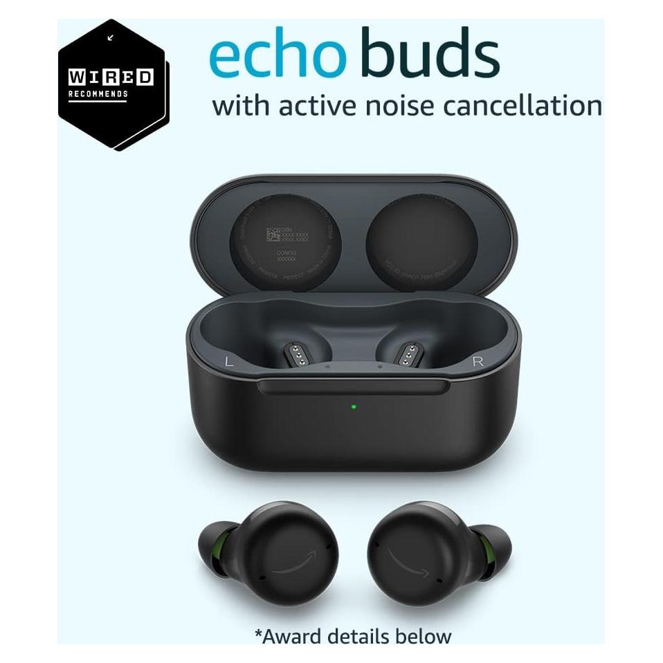 Echo Buds with Active Noise Cancellation (newest model), Wired charging case, Black