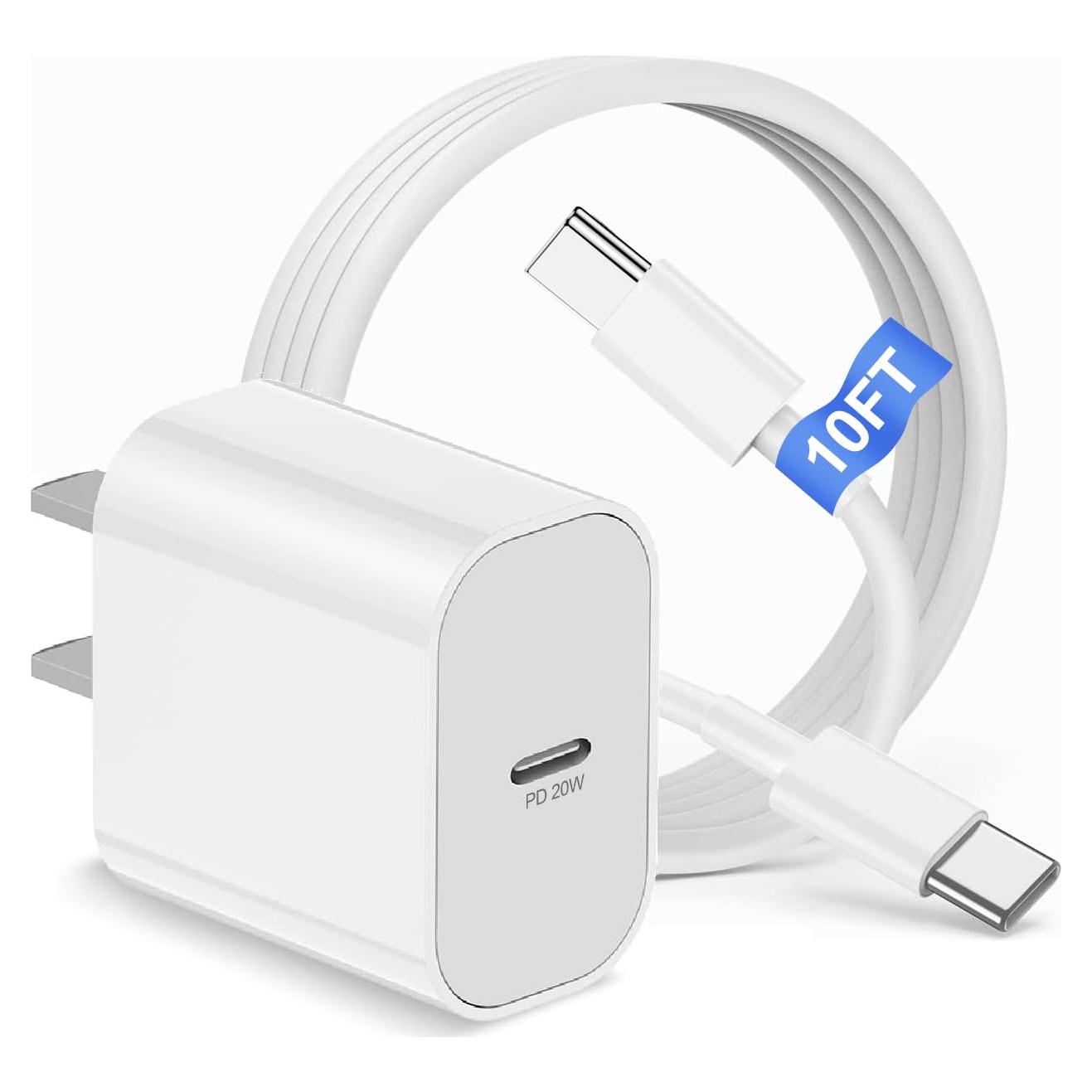 Cargador Rápido USB C 20W + Cable Tipo C 10 pies para iPhone