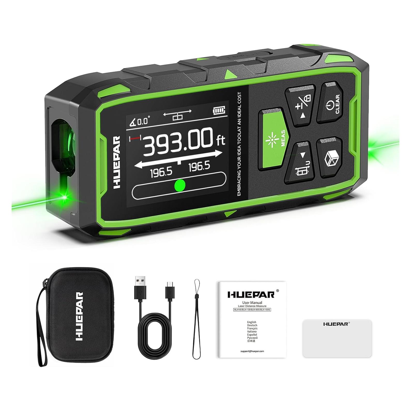 Medidor de Distancia Láser Huepar 120m Verde Dual LCD
