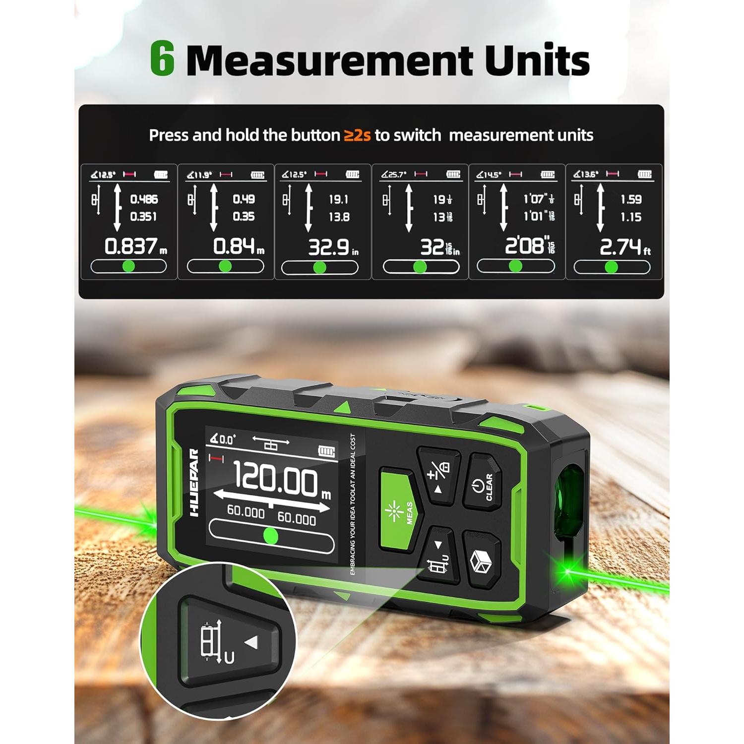 Medidor de Distancia Láser Huepar 120m Verde Dual LCD