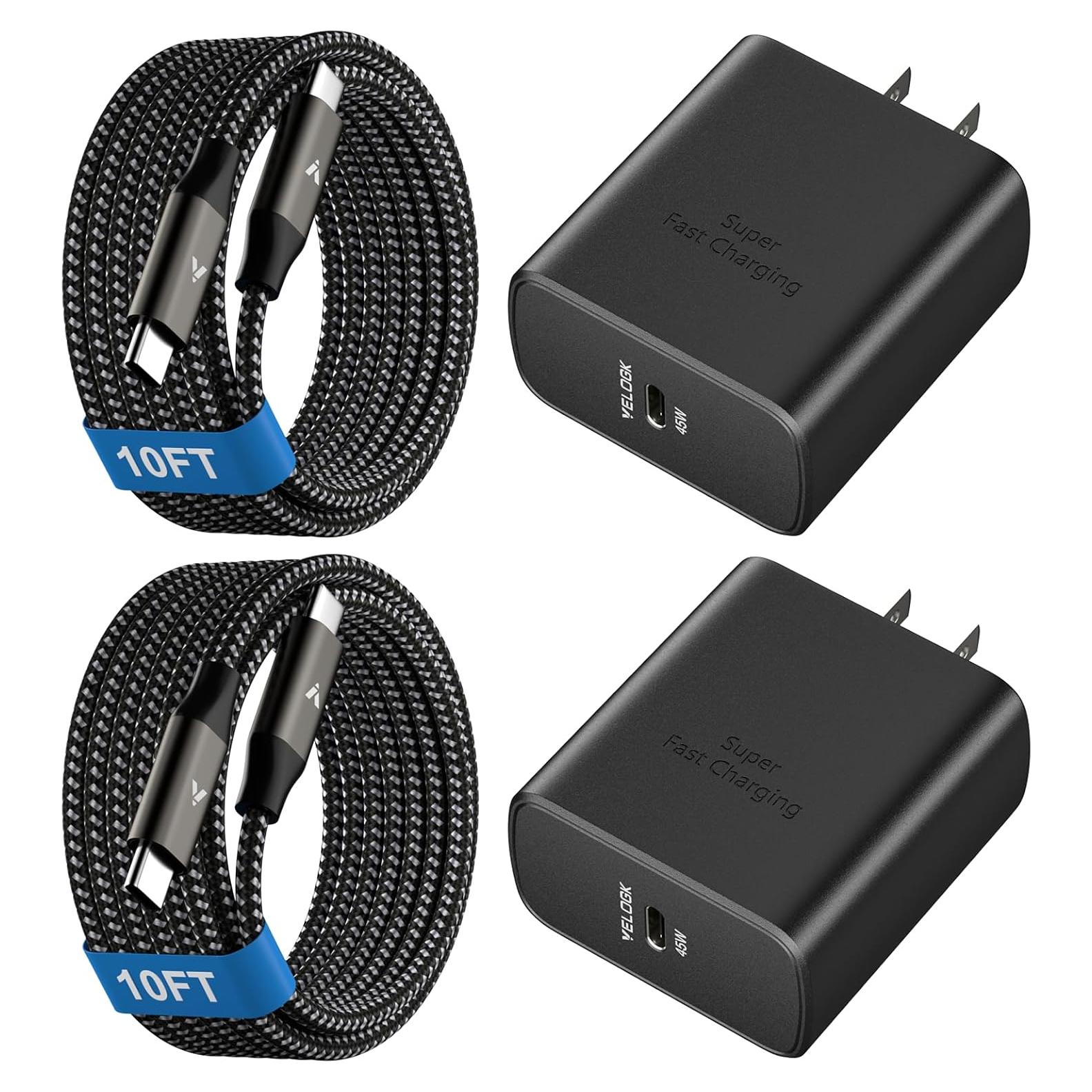 Cargador Rápido 45W USB-C VELOGK + 2 Cables 10FT para Samsung