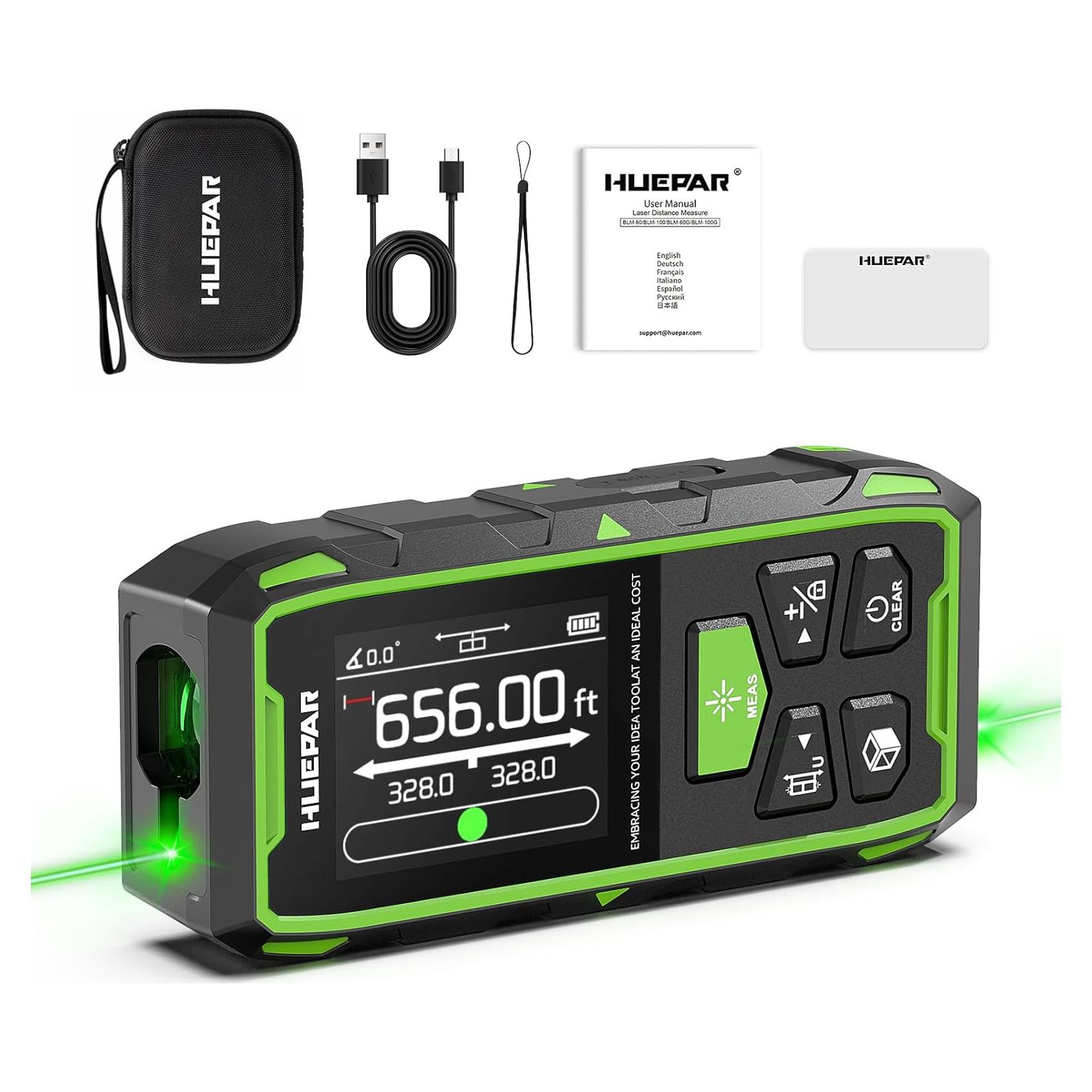 Medidor Láser Dual Huepar 200m Verde LCD Recargable