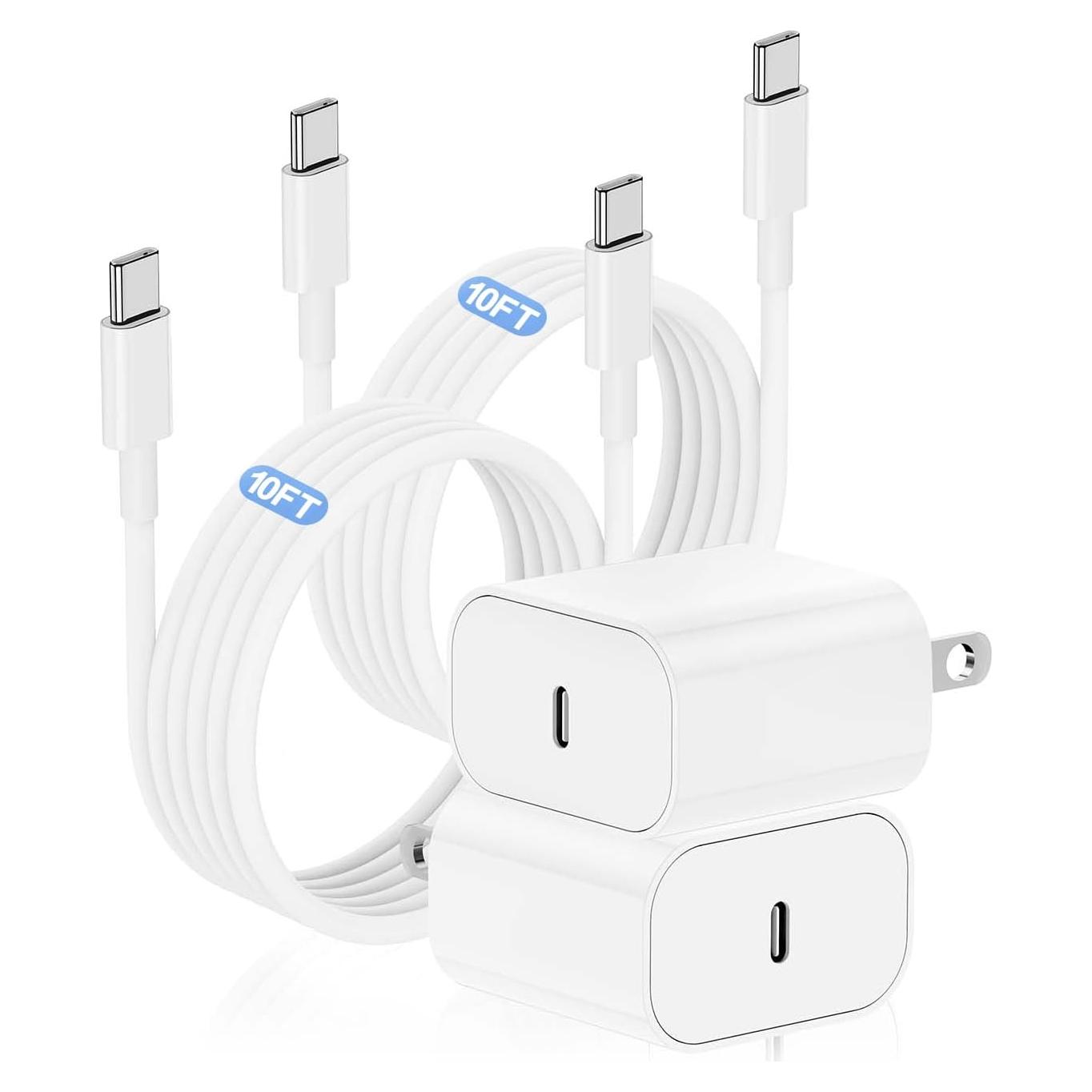 Cargador Rápido 20W USB C Apple + 2 Cables 10FT