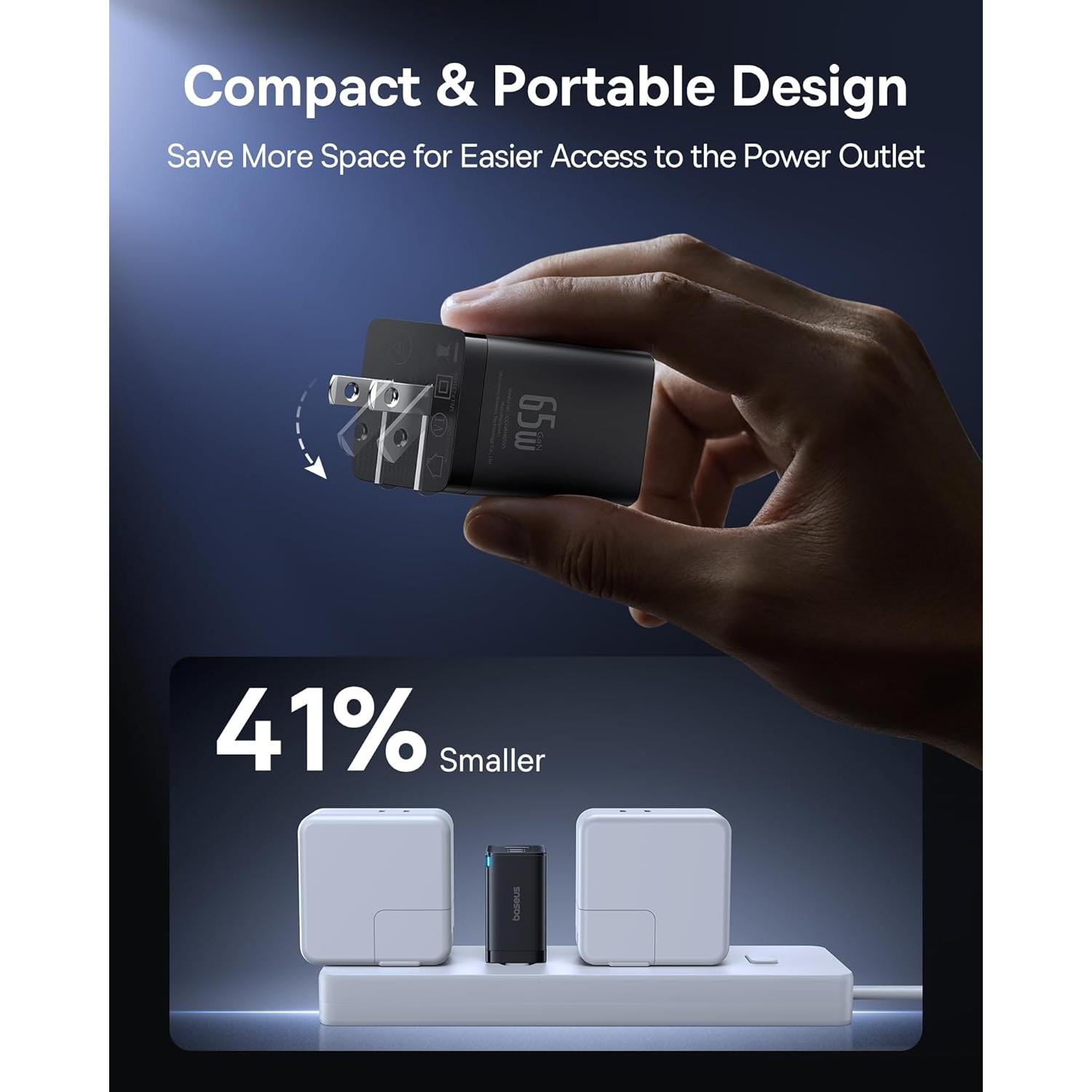 Cargador USB-C Rápido Baseus 65W 2-Pack Plegable Negro