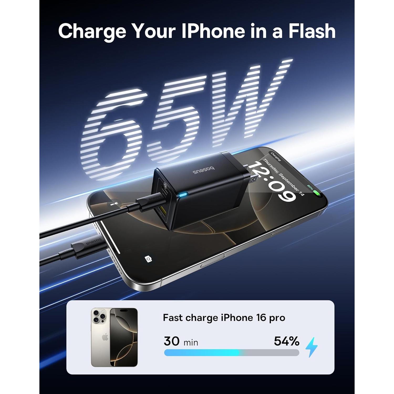 Cargador USB-C Rápido Baseus 65W 2-Pack Plegable Negro