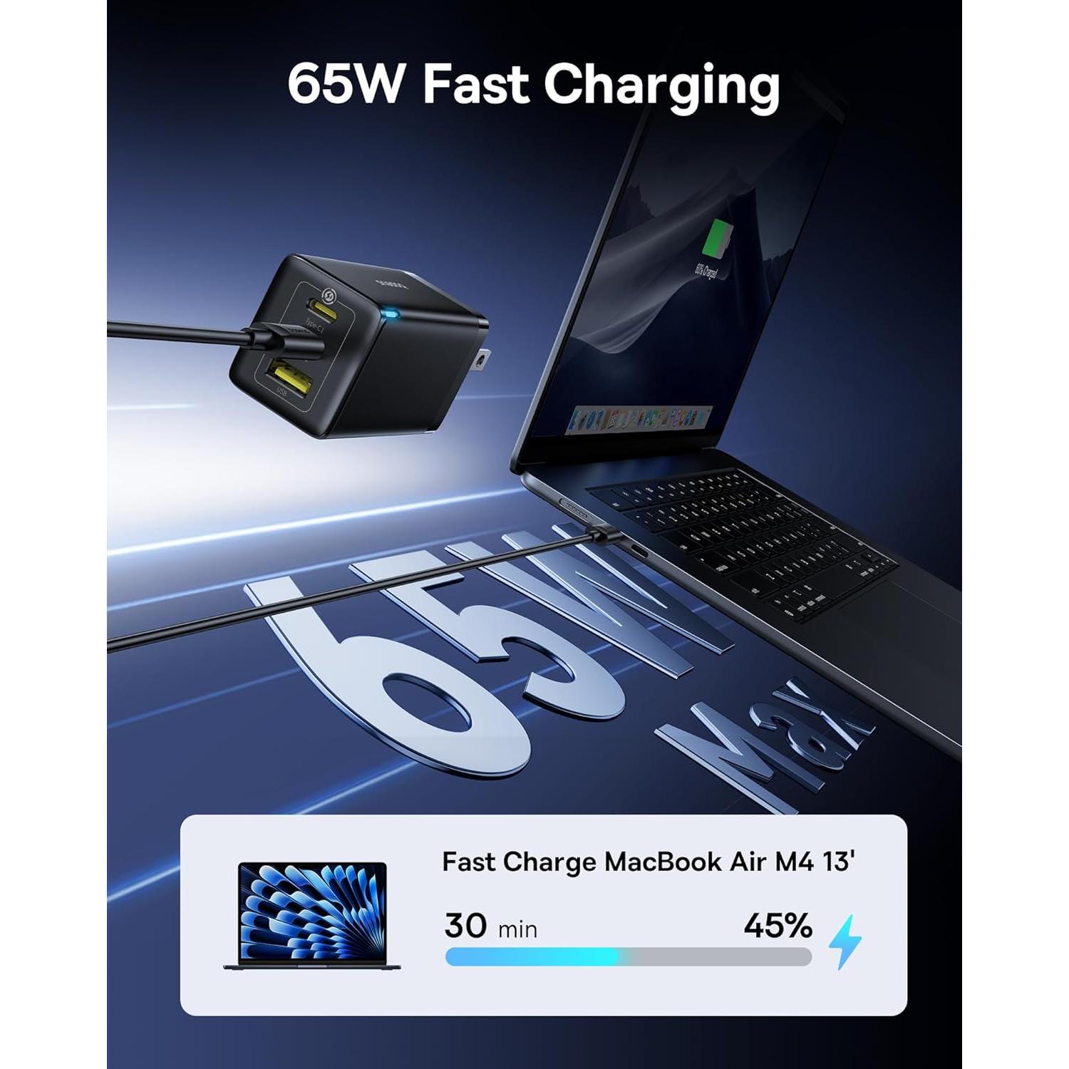 Cargador USB-C Rápido Baseus 65W 2-Pack Plegable Negro