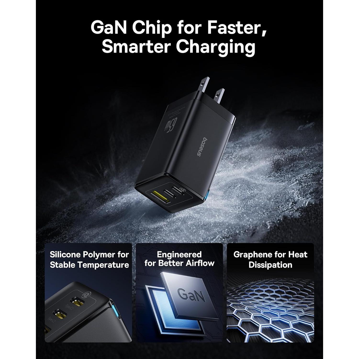 Cargador USB-C Rápido Baseus 65W 2-Pack Plegable Negro