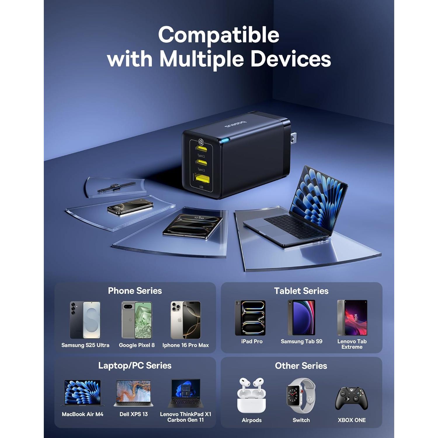 Cargador USB-C Rápido Baseus 65W 2-Pack Plegable Negro