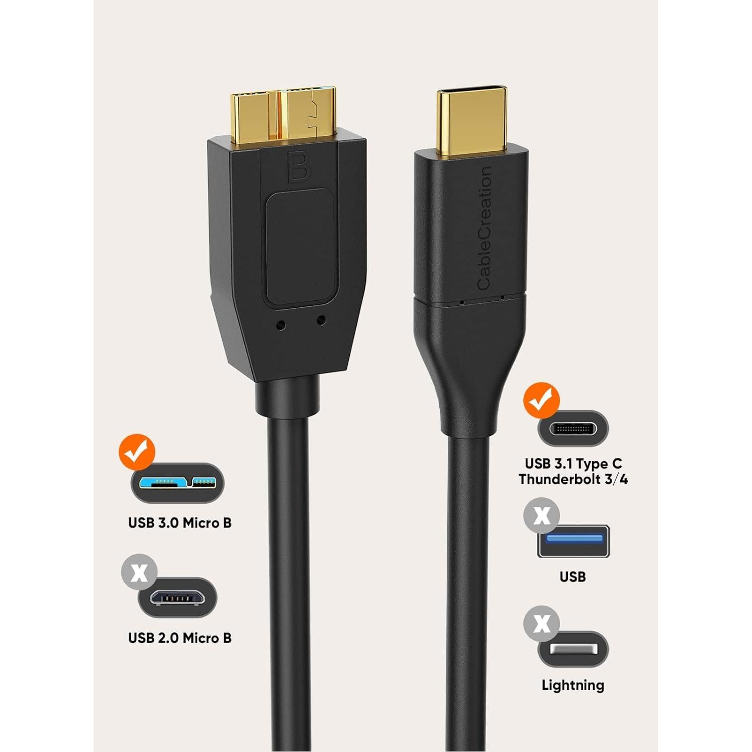 Cable USB C a Micro B CableCreation 1 pie 10Gbps Negro