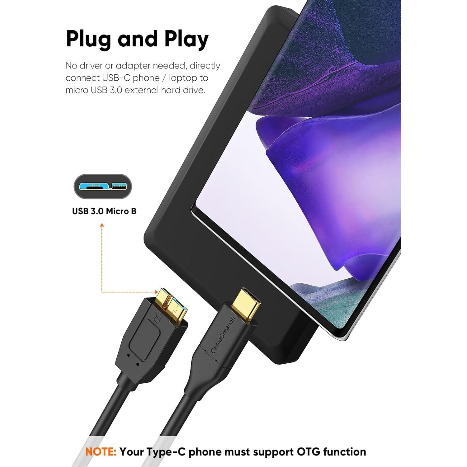 Cable USB C a Micro B CableCreation 1 pie 10Gbps Negro