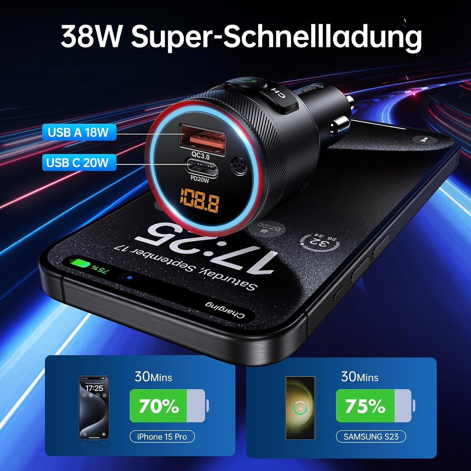 Transmisor FM Bluetooth 5.4 Syncwire para coche 38W Carga Rápida