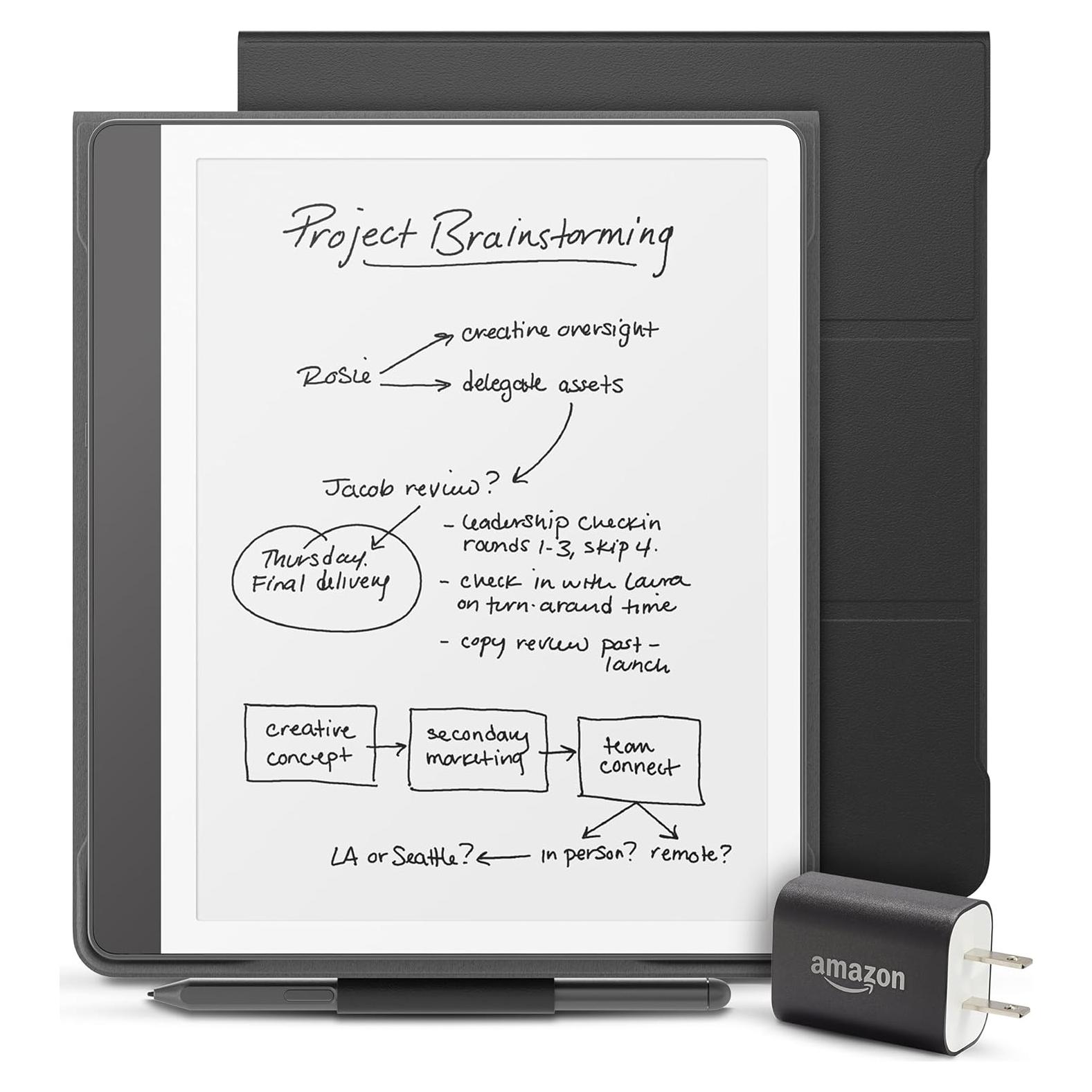 New Amazon Kindle Scribe Essentials Bundle including New Kindle Scribe (16GB) - Tungsten, Premium Pen, Plant-Based Leather Folio-Black, and Power Adapter