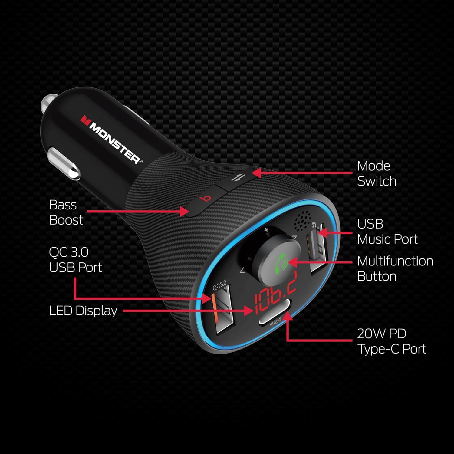 Transmisor FM Bluetooth Monster con Cargador USB 20W y Graves