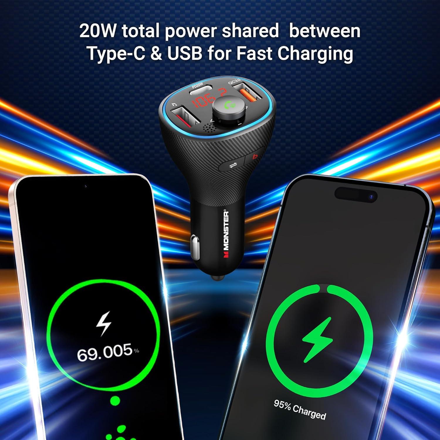 Transmisor FM Bluetooth Monster con Cargador USB 20W y Graves