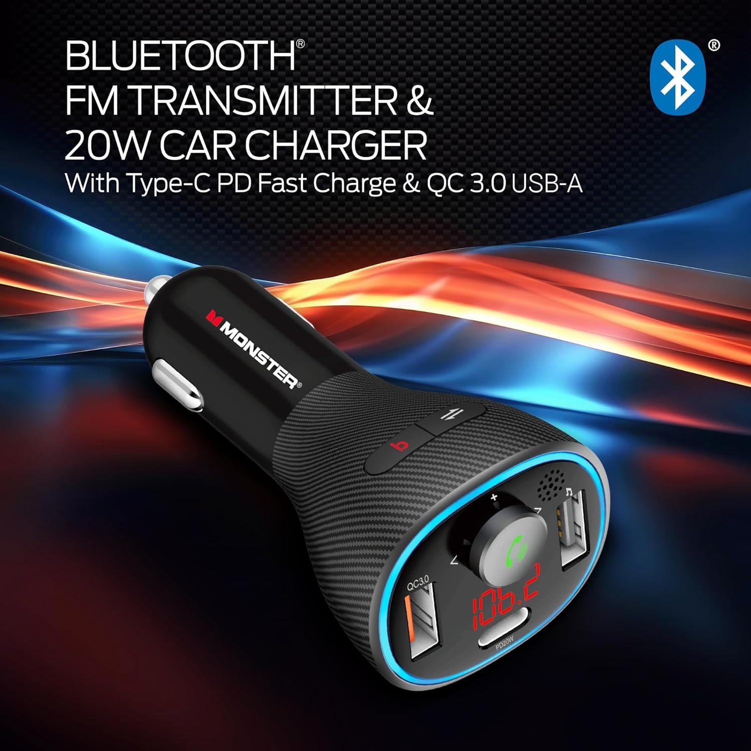 Transmisor FM Bluetooth Monster con Cargador USB 20W y Graves