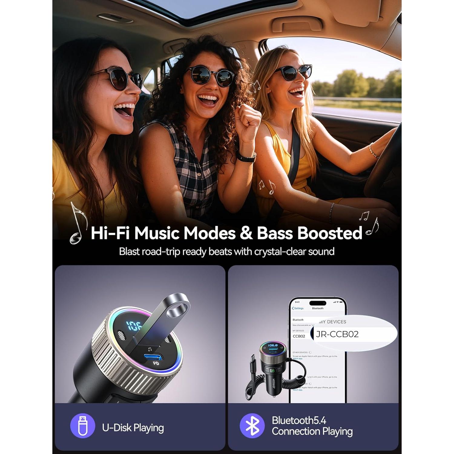 Transmisor FM Bluetooth 5.4 JOYROOM JR-CCB02 Carga Rápida 60W