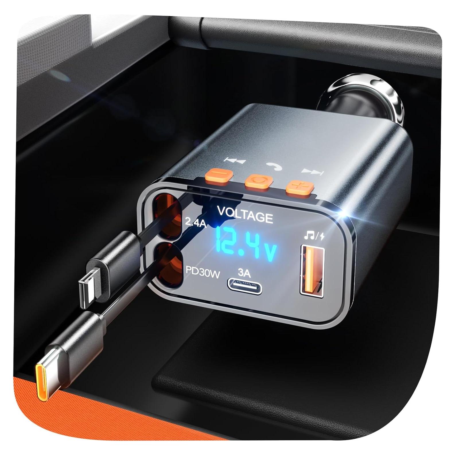 Adaptador de Coche Bluetooth 5.3 Retráctil 5 en 1 con Cargador USB PD