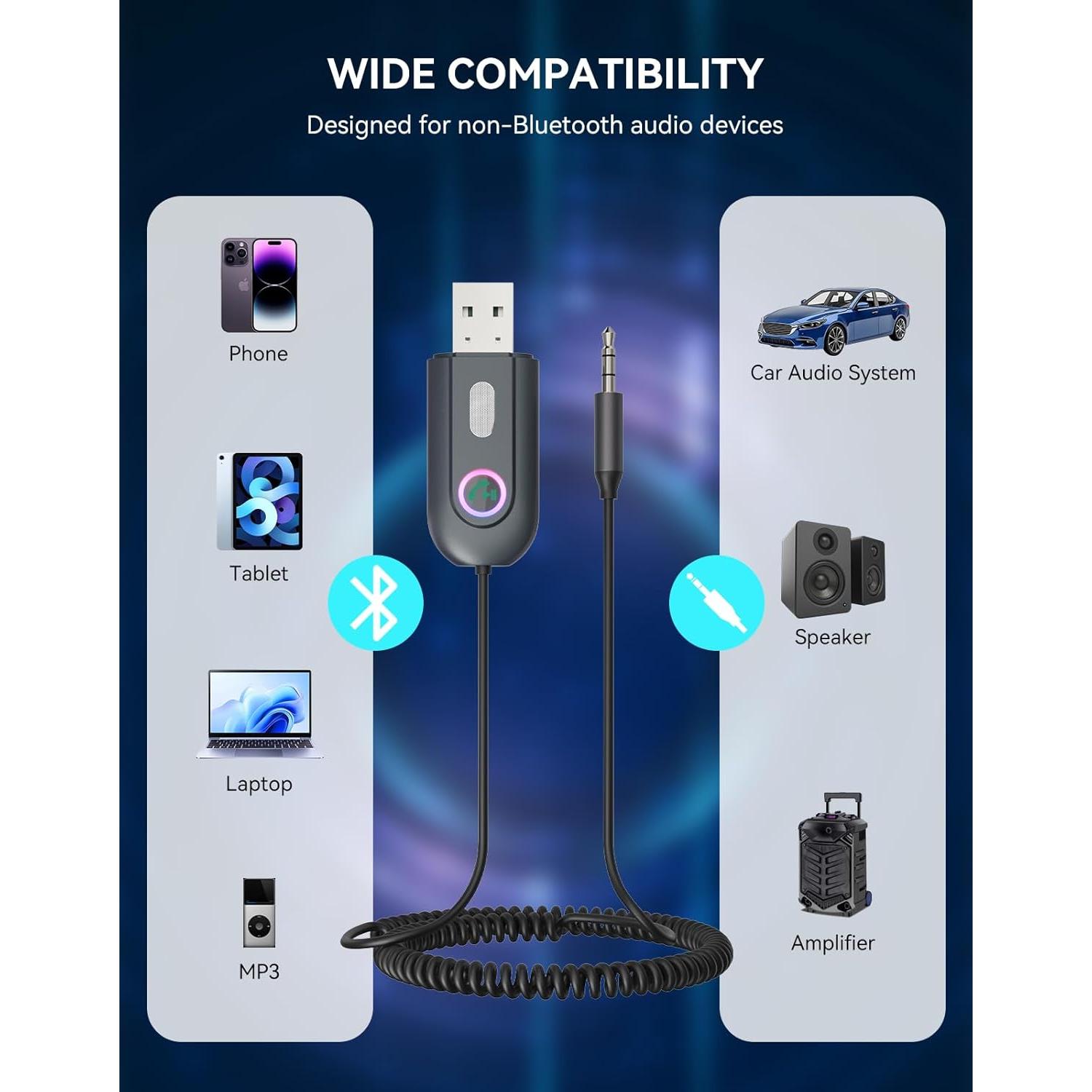 Adaptador Bluetooth 5.3 DAMAIKE AUX 3.5mm USB para coche