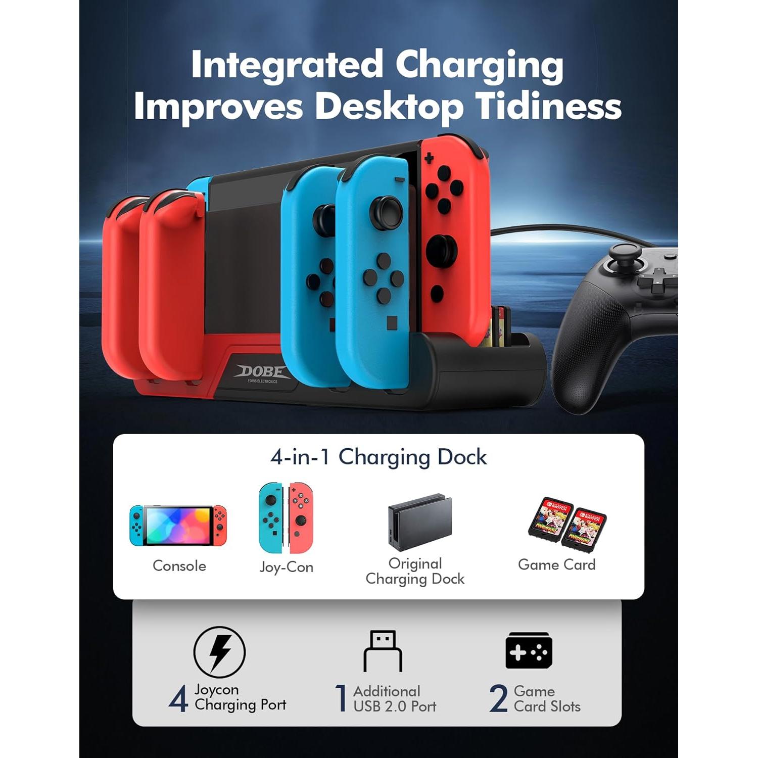 Base de Carga DOBE para Nintendo Switch y OLED - Carga 4 Joy-Con