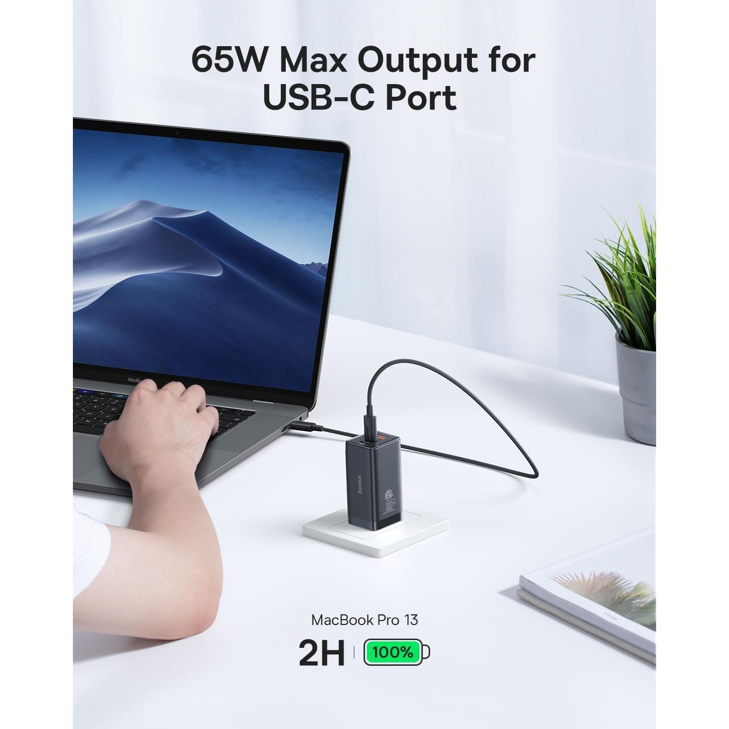 Cargador USB C Baseus 65W Plegable 3 Puertos Rápido