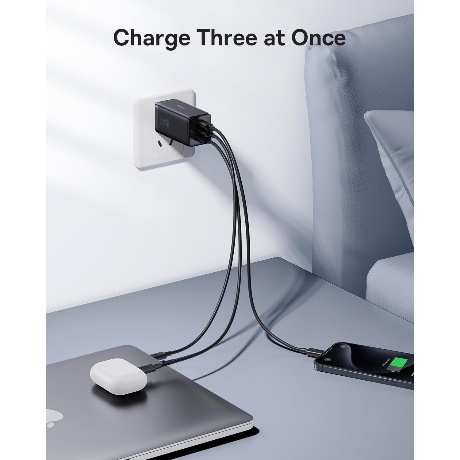 Cargador USB C Baseus 65W Plegable 3 Puertos Rápido