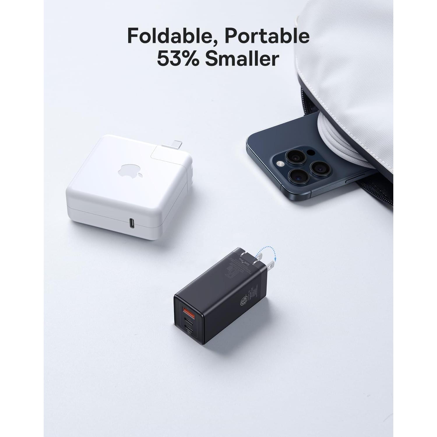 Cargador USB C Baseus 65W Plegable 3 Puertos Rápido