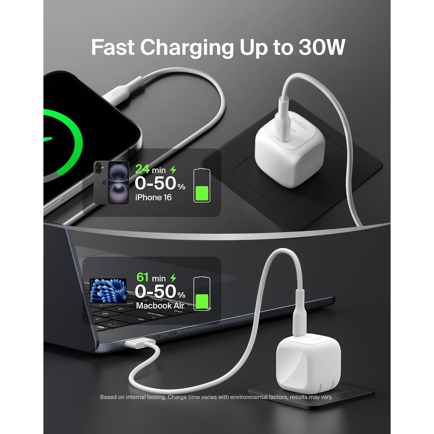 Cargador de Pared USB-C Belkin 30W Carga Rápida para iPhone y Galaxy